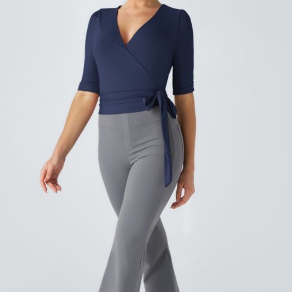 NWT Halara Women's V Neck Wrapped Tie Side Work Blouse Color: Dark Sapphire - Picture 6 of 8